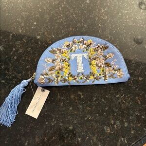 Anthropologie Blue Floral Embroidered Clutch